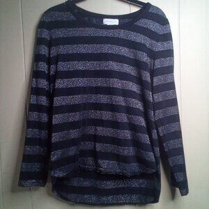 Liz Claiborne Blouse L Long Sleeve Stripe Black Silver